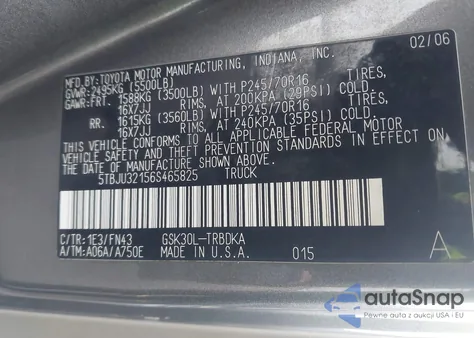 2006 Toyota Tundra z USA, uszkodzony, nr VIN 5TBJU32156S465825